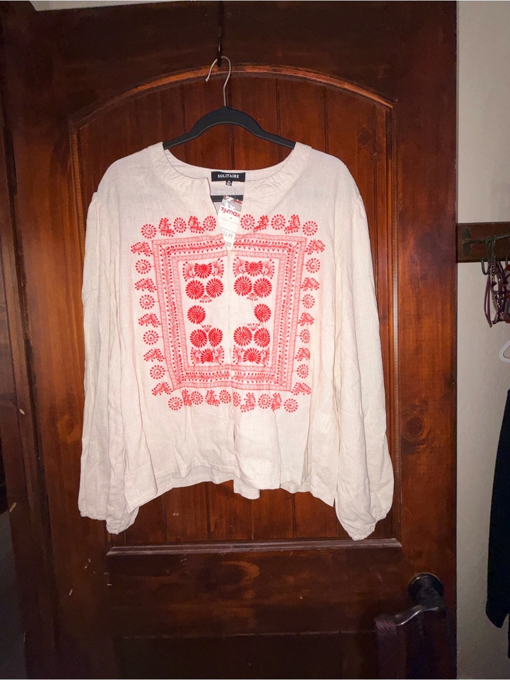 Solitaire Cream Tunic Top with Red Embroidered Front